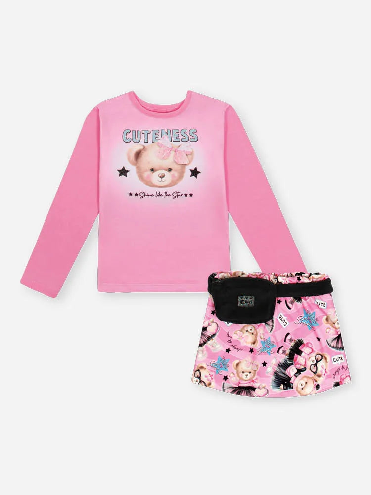 Conjunto Infantil Cinti Inverno Com Shorts Pochete e Blusa Rosa Manga Longa Ursinha Shine