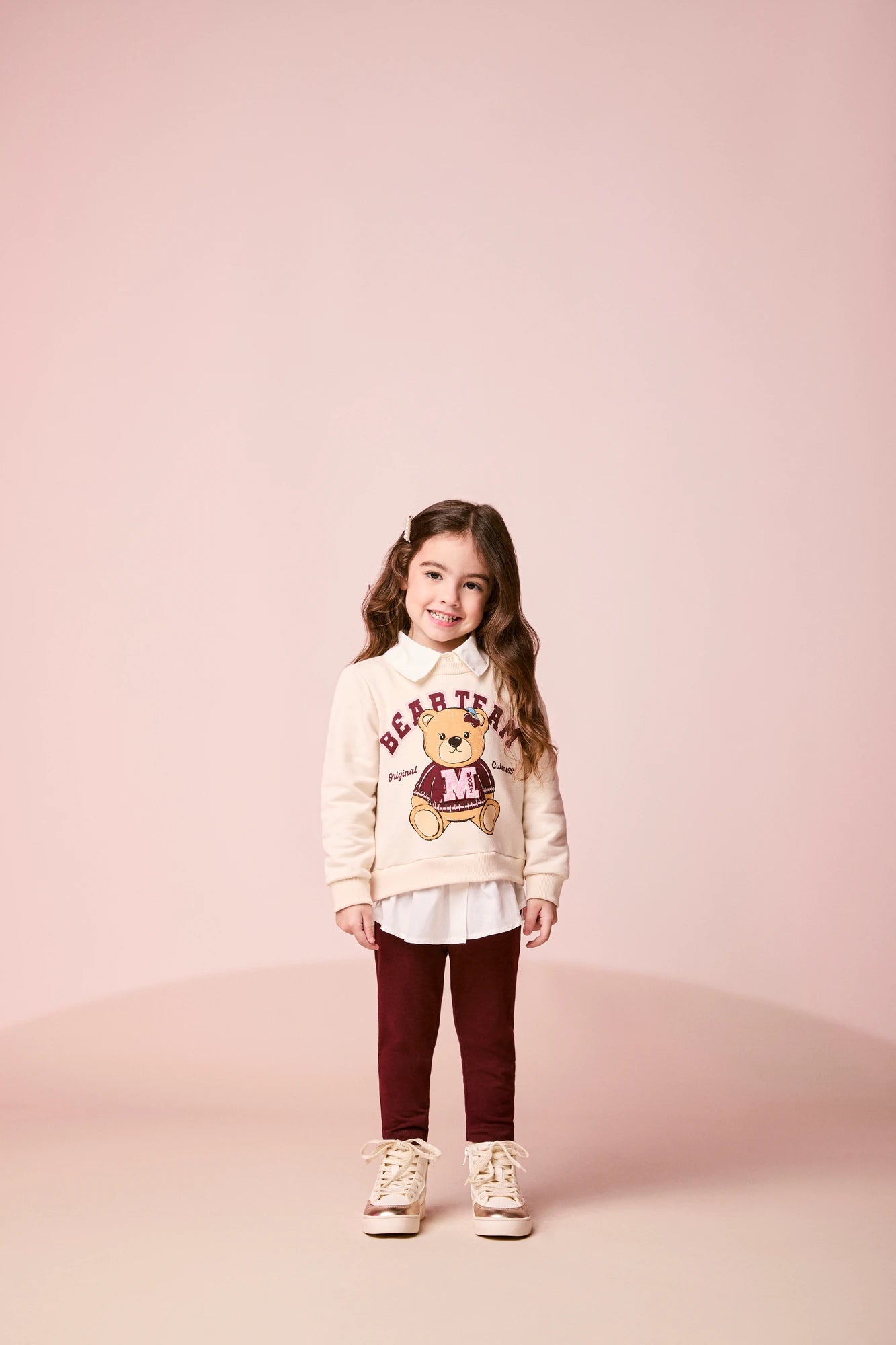 Conjunto Infantil Momi Inverno com Calça Legging Vinho e Moletom sem Flanela Bear Team