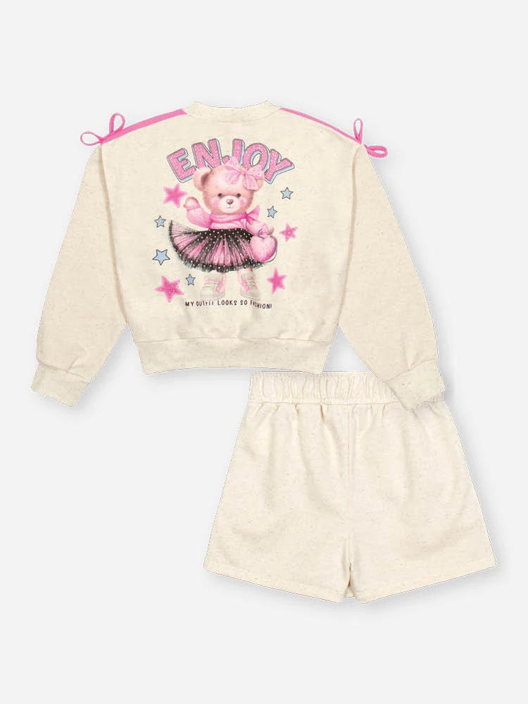 Conjunto Infantil Cinti Inverno com Shorts Saia e Moletom sem Flanela Off White Ursinha Enjoy