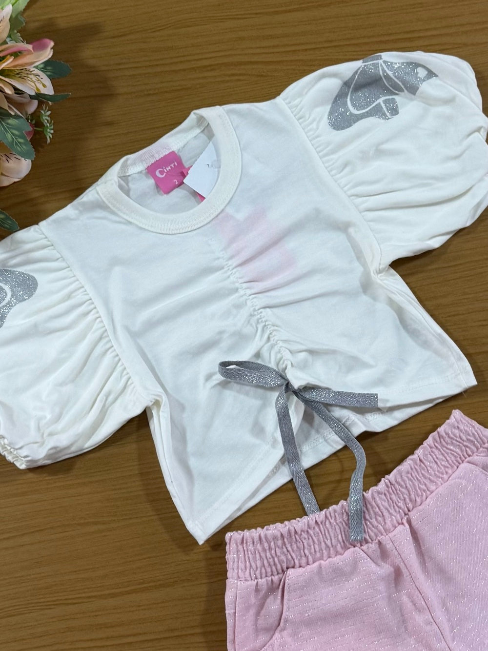 Conjunto Infantil Cinti Verão Shorts Rosa e Blusa Borboleta Glitter
