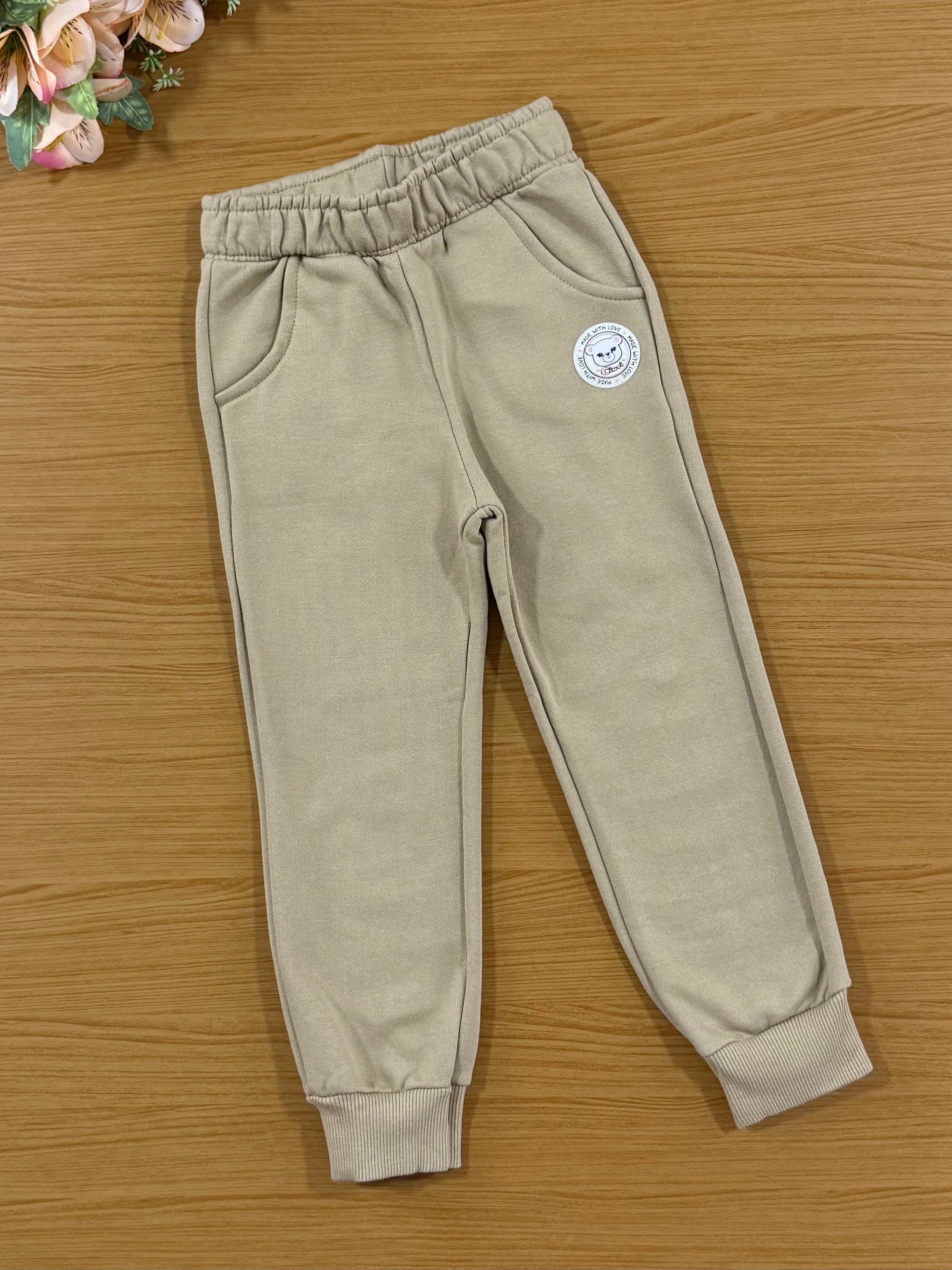 Conjunto Infantil Cinti Inverno Calça e Moletom Flanelado Bege Ursinha com Strass