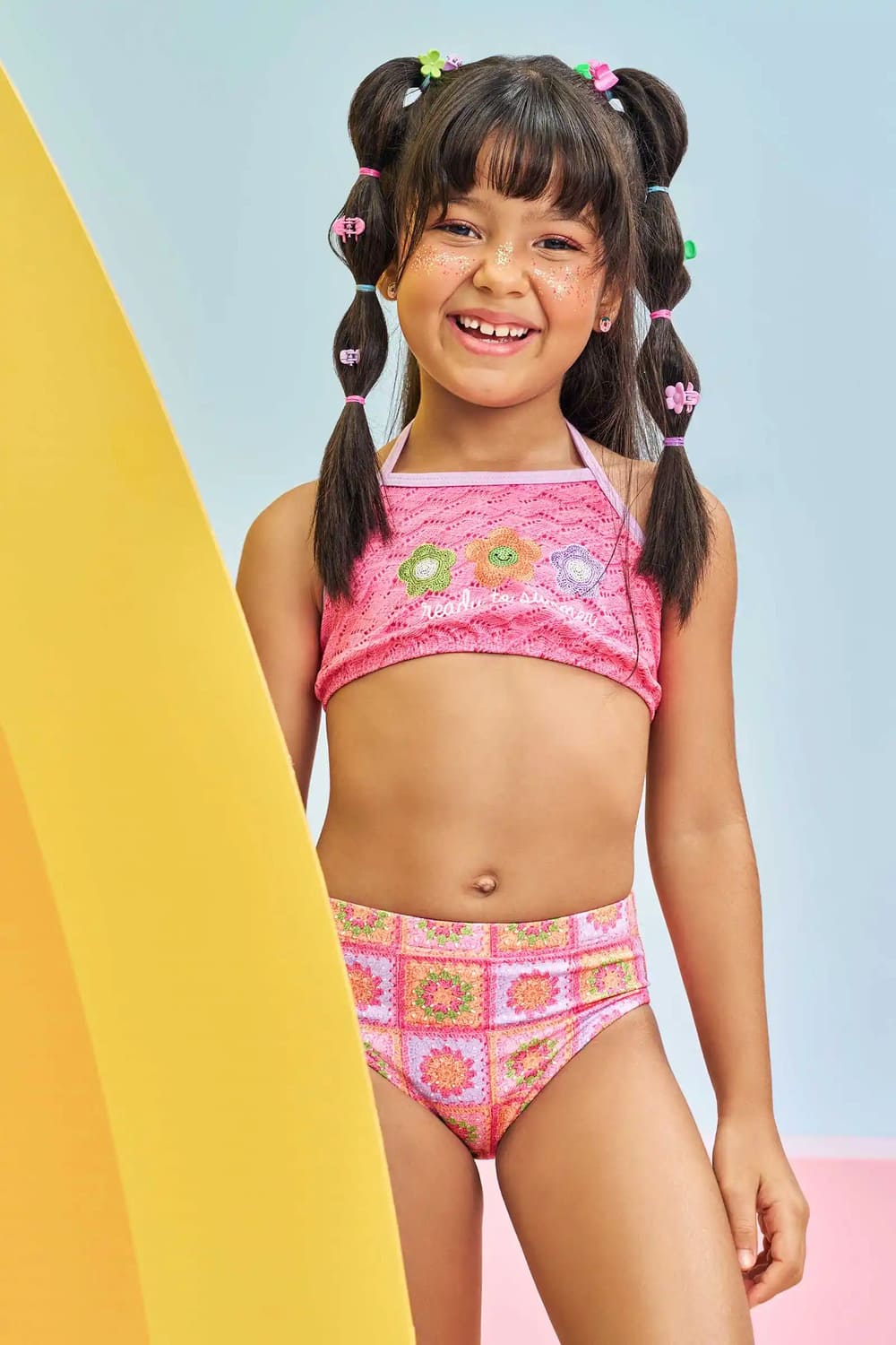 Biquíni Infantil Kukie Rosa Crochê Florzinha