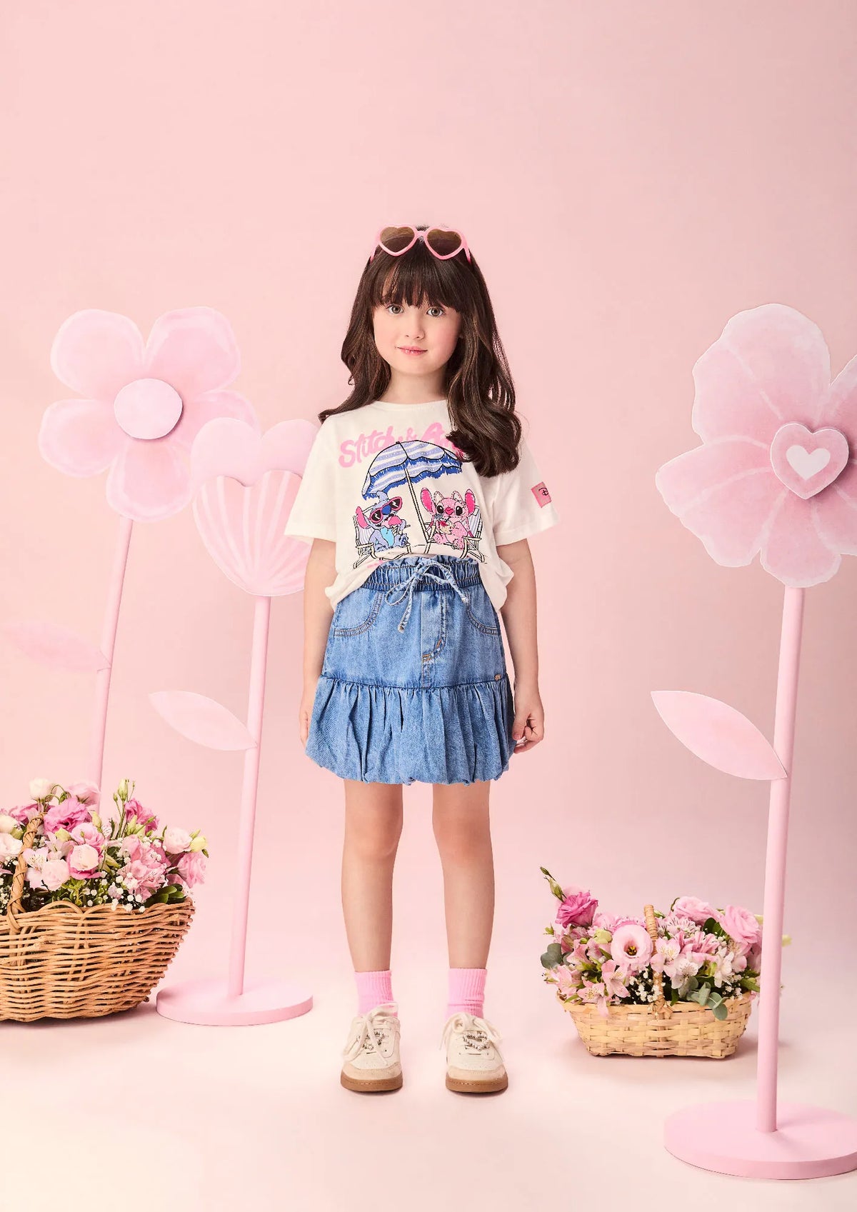 Blusa Infantil Menina Momi Stitch e Angel Verão Strass Disney