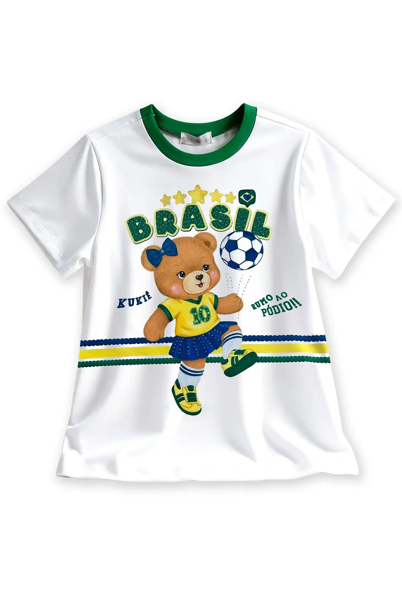 Blusa Infantil Kukiê Branca Ursinha Brasil Copa do Mundo