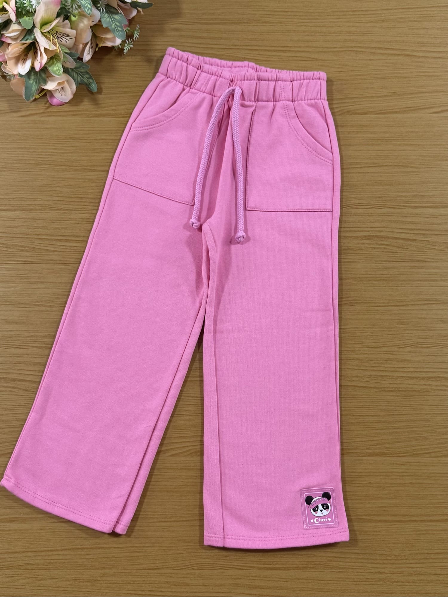 Conjunto Infantil Cinti Inverno Calça Wide Leg e Moletom Flanelado Rosa Panda
