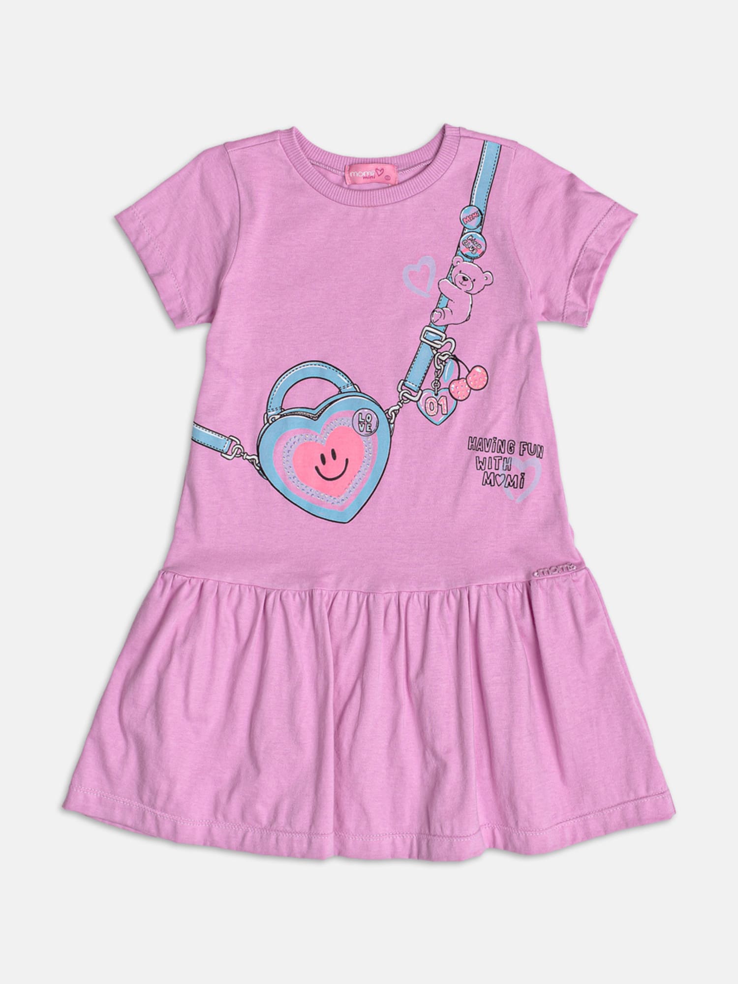 Vestido Infantil Momi Verão Lilás Bolsinha 3D com Strass