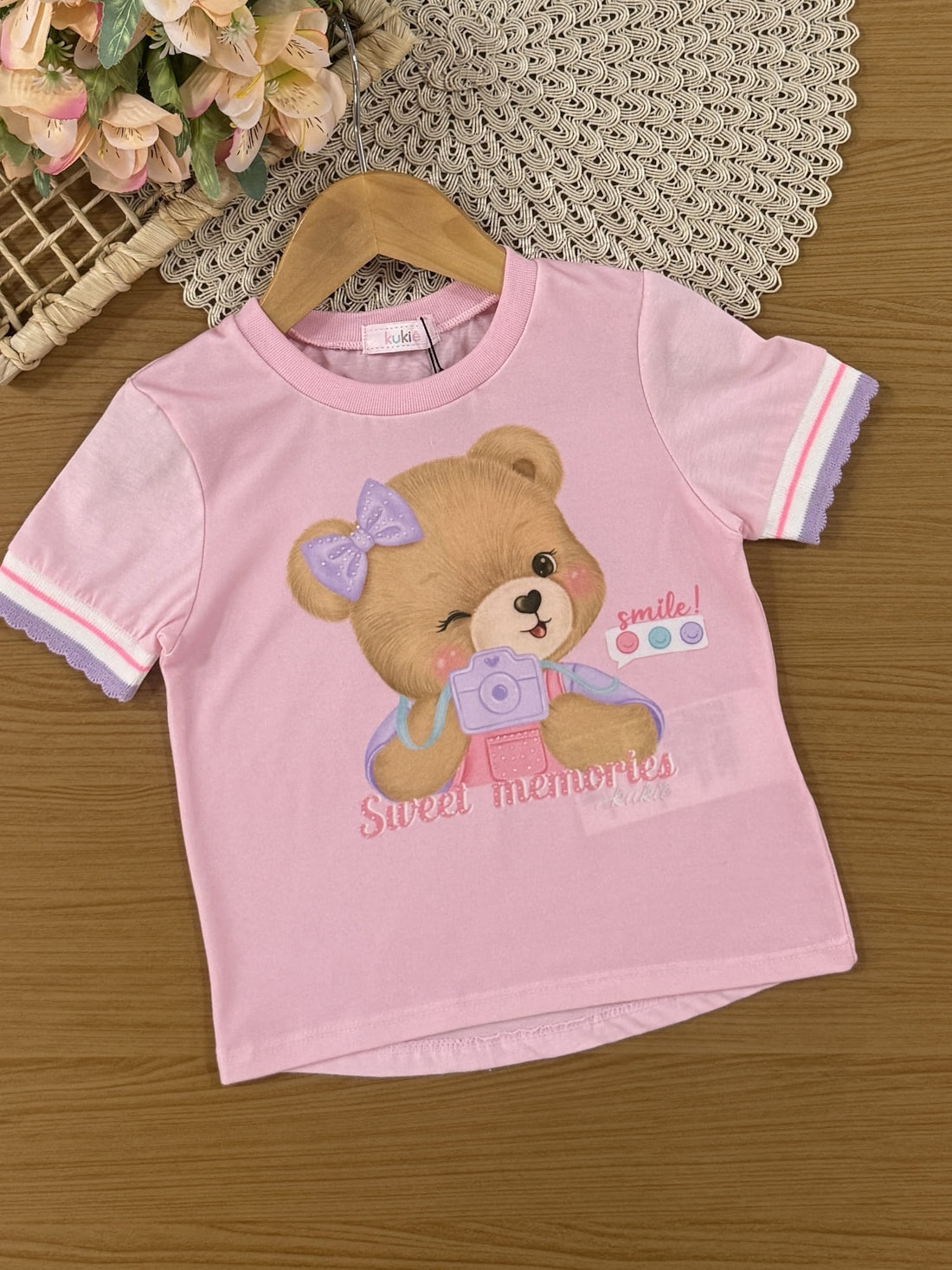 Conjunto Infantil Kukiê Verão com Shorts Lilás e Blusa Rosa Ursinha Fotografa