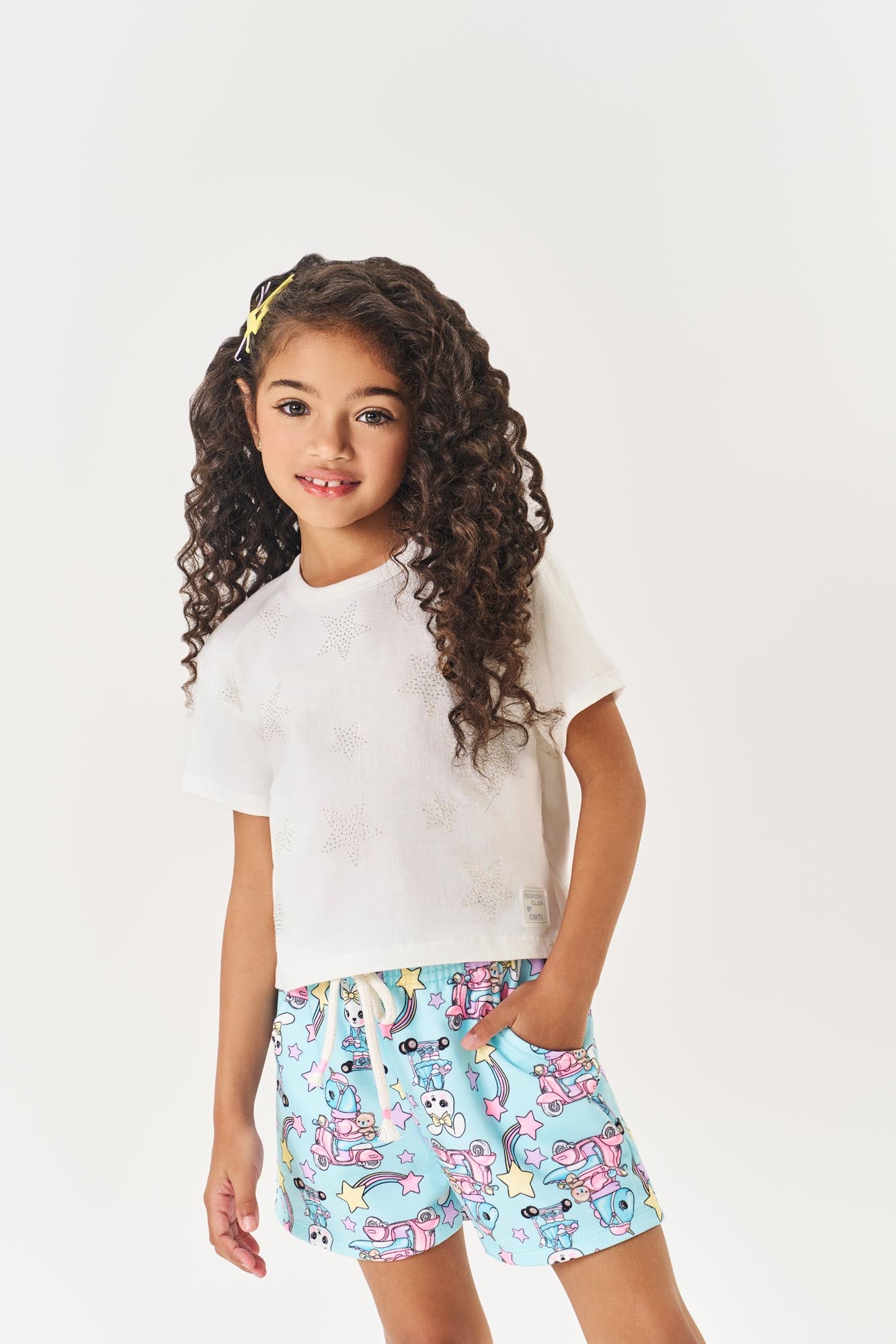 Conjunto Infantil Cinti Inverno Shorts e Blusa Branca Estrelinhas com Strass