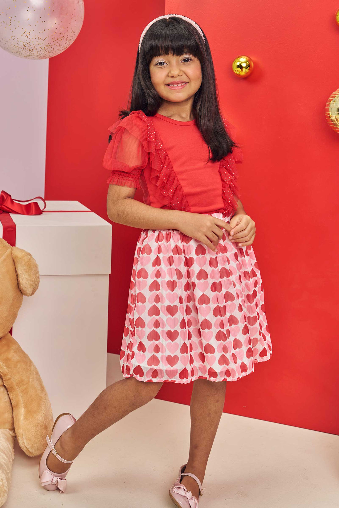 Conjunto Infantil Kukie Verão Com Saia Corações e Blusa Vermelha