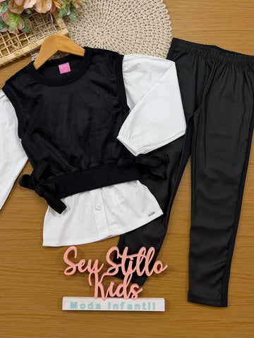 Conjunto Infantil Cinti Inverno, Calça Legging e Camisa com Colete em Veludo Preto