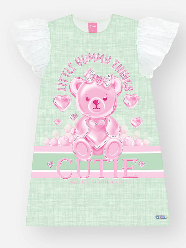 Vestido Infantil Cinti Verão Verde Ursinha Cutie com Strass
