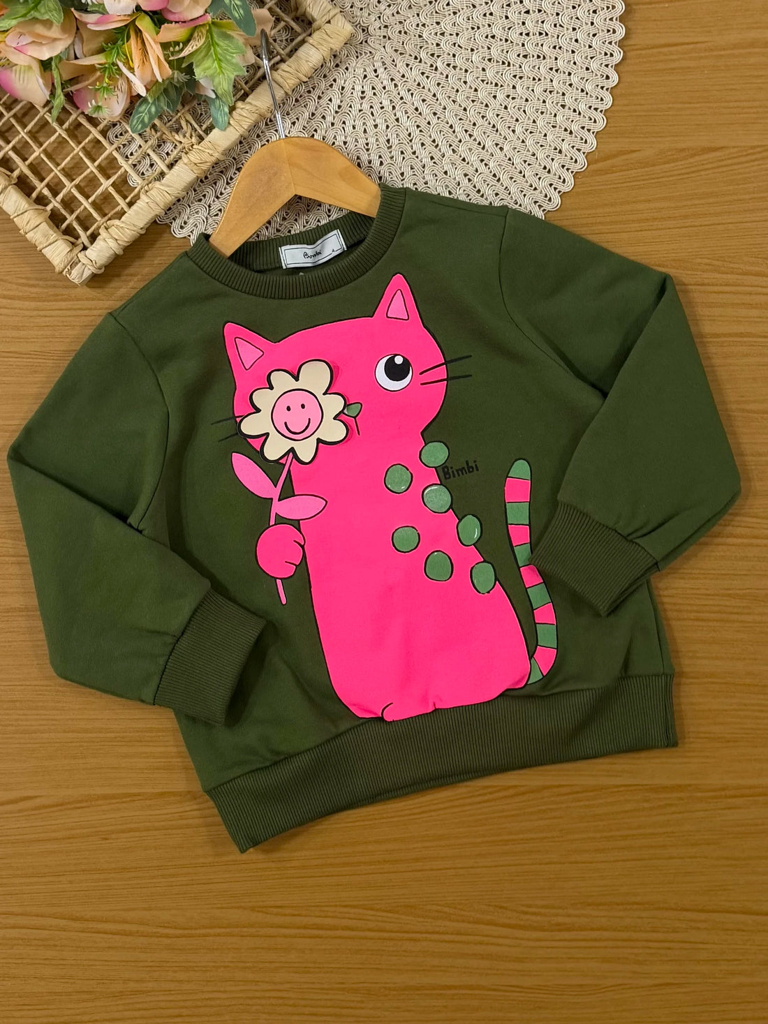 Conjunto Infantil Bimbi Inverno com Calça Legging e Moletom Flanelado Verde Escuro Gainha Florzinha