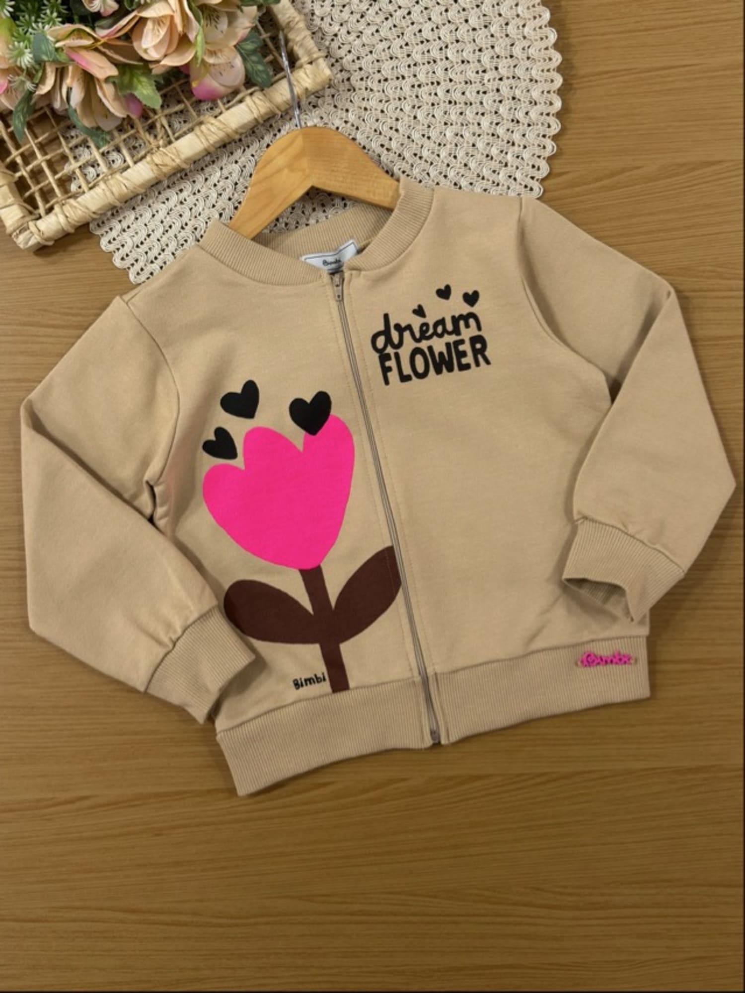 Conjunto Infantil Bimbi Inverno com Calça e Jaqueta sem Flanela Bege Flower