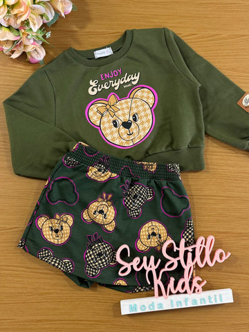 Conjunto Infantil Momi Inverno Shorts Saia Verde e Moletom Sem Flanela Ursinho