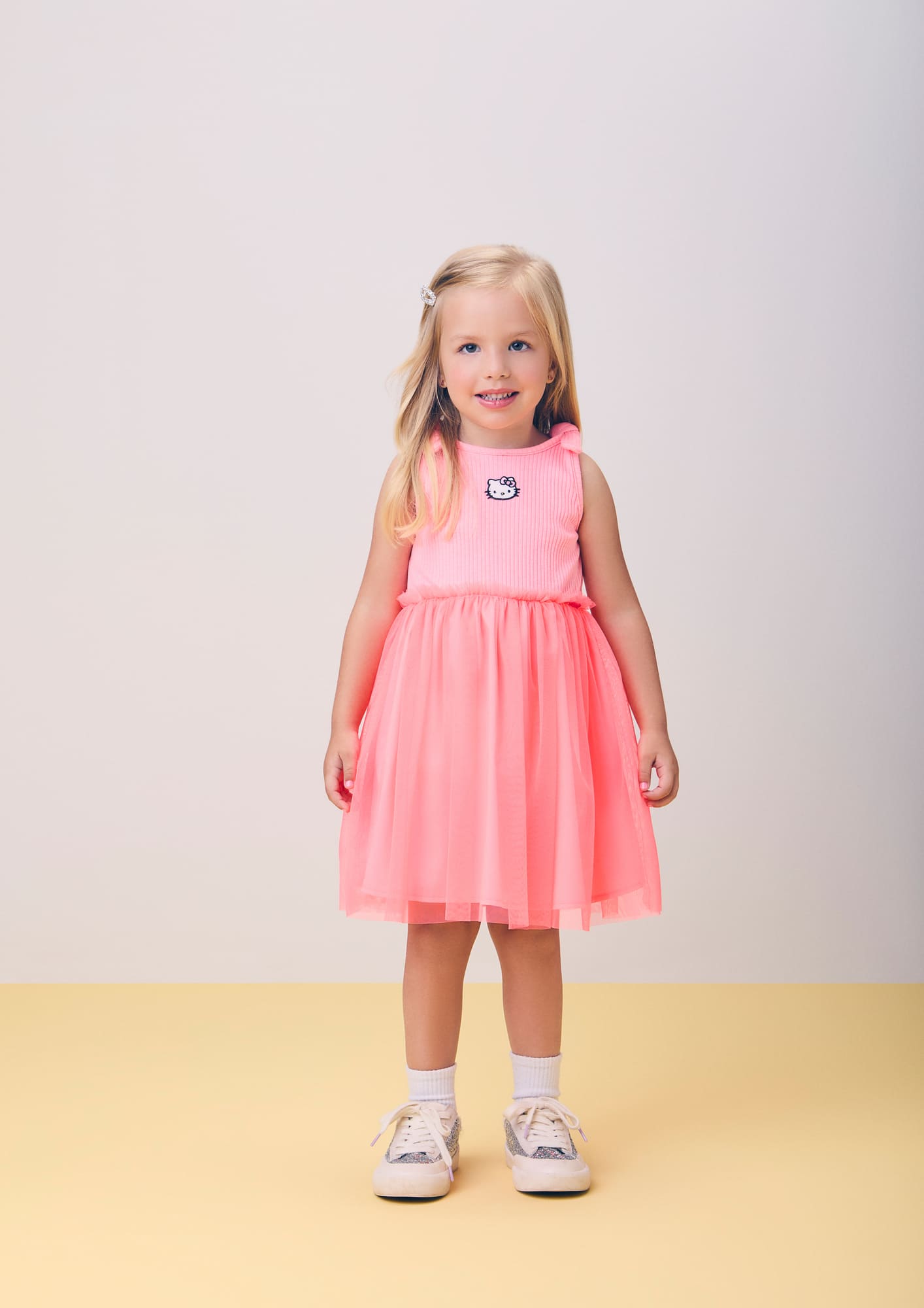 Vestido Infantil Momi Verão Rosa com Tule Hello Kitty