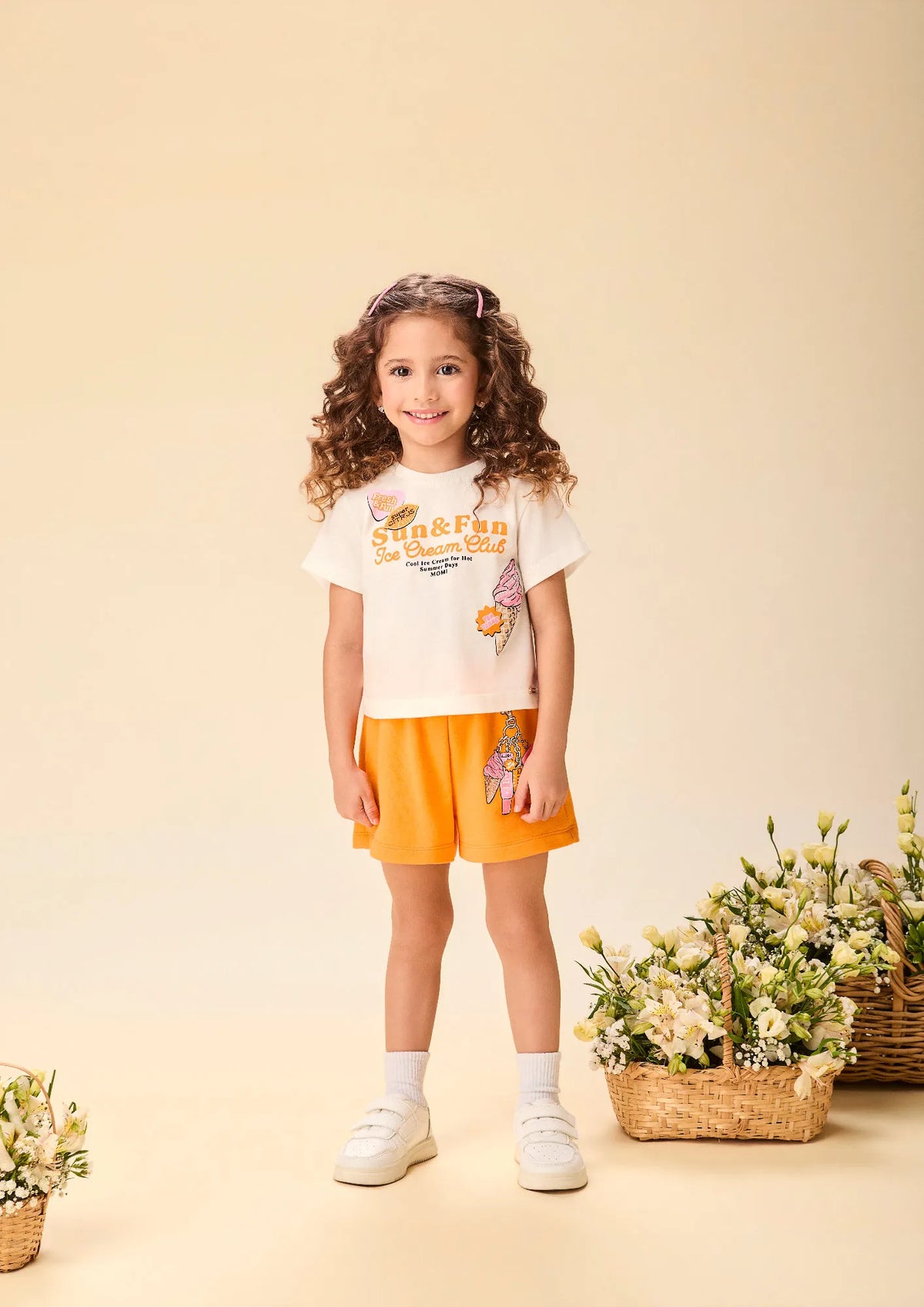 Conjunto Infantil Menina Momi Shorts Laranja e Blusa Sun & Fun Strass