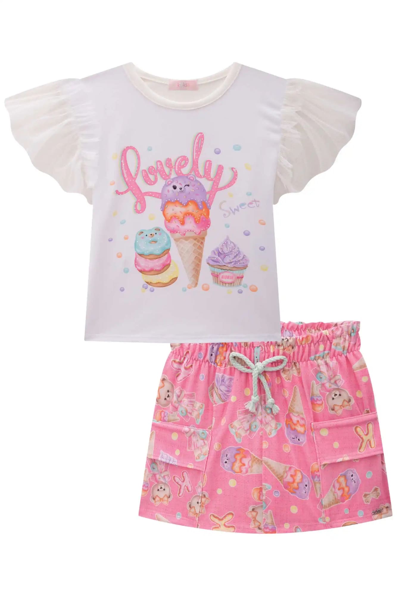 Conjunto Infantil Kukiê Inverno com Shorts Saia Rosa e Blusa Branca Sorvetinho