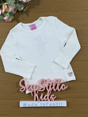 Blusa Infantil Cinti Inverno Manga longa Canelada Off White Strass