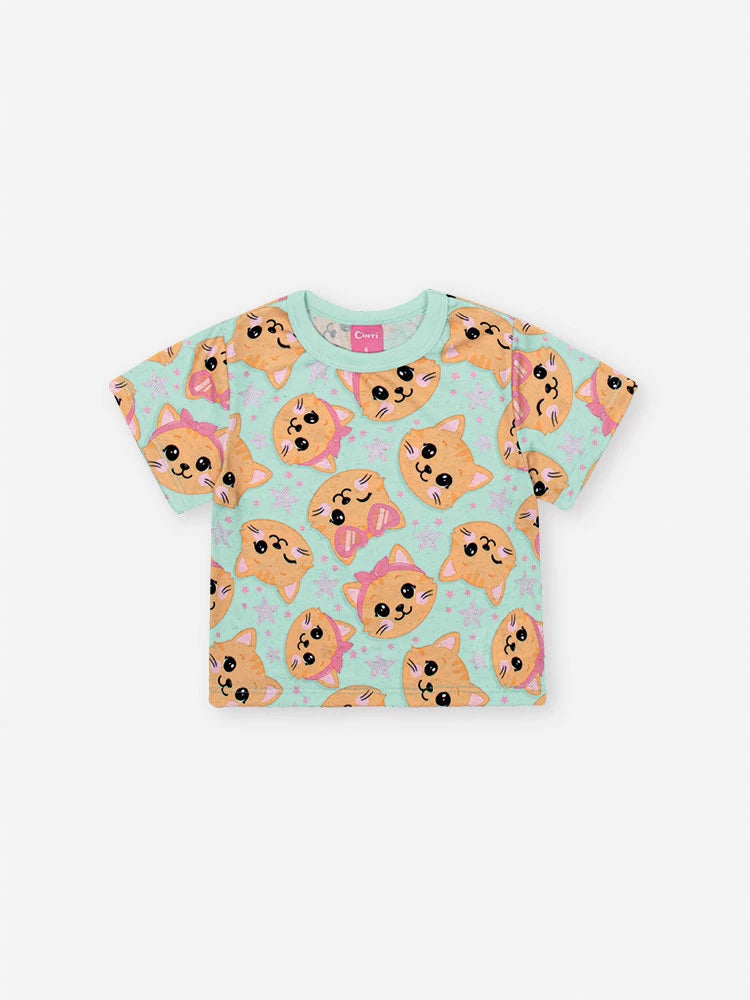 Conjunto Infantil Cinti Verão com Shorts e Blusa Verde Gatinha