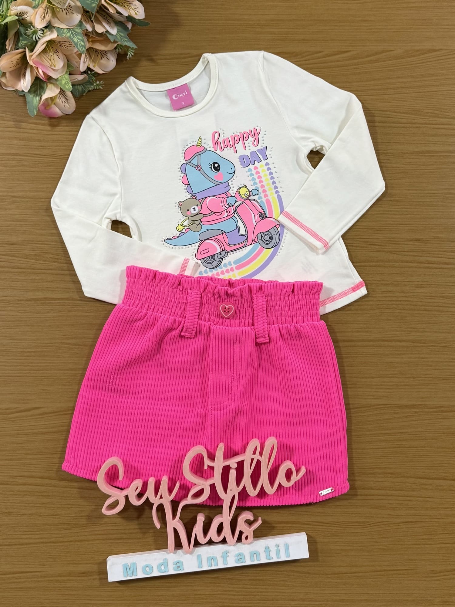 Conjunto Infantil Cinti Inverno Saia e Blusa Manga Longa Off White Unicórnio