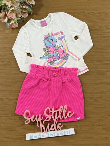 Conjunto Infantil Cinti Inverno Saia e Blusa Manga Longa Off White Unicórnio