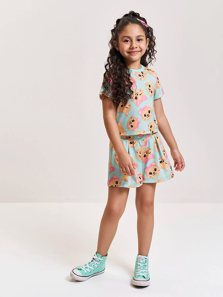 Conjunto Infantil Cinti Verão com Shorts e Blusa Verde Gatinha