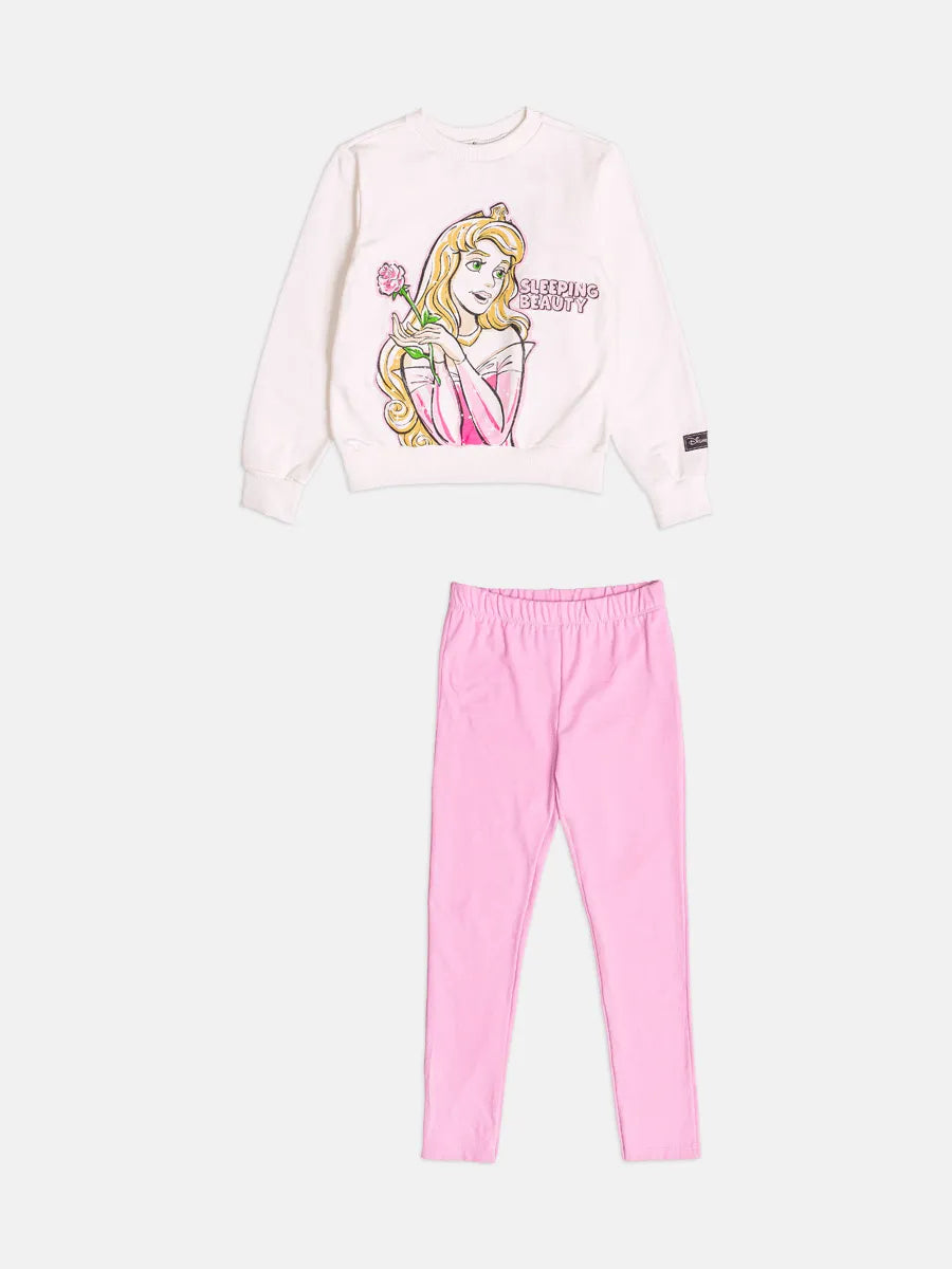 Conjunto Infantil Bimbi Inverno com Calça Legging Rosa e Moletom Sem Flanela Branco Aurora