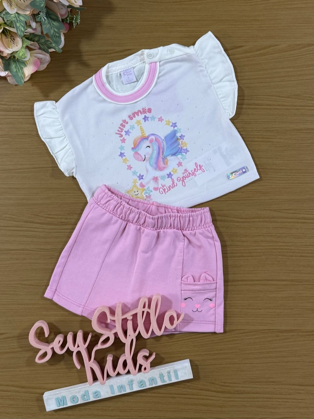 Conjunto Infantil Cinti Verão Shorts Saia Rosa e Blusa Unicórnio