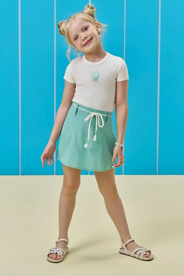 Conjunto Infantil Menina Kukiê com Shorts Saia Verde e Blusa Florzinha