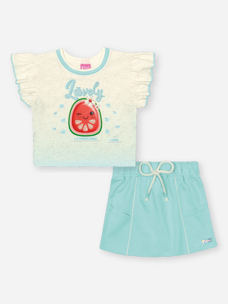 Conjunto Infantil Cinti Verão com Shorts Saia Azul e Blusa Off White Melancia
