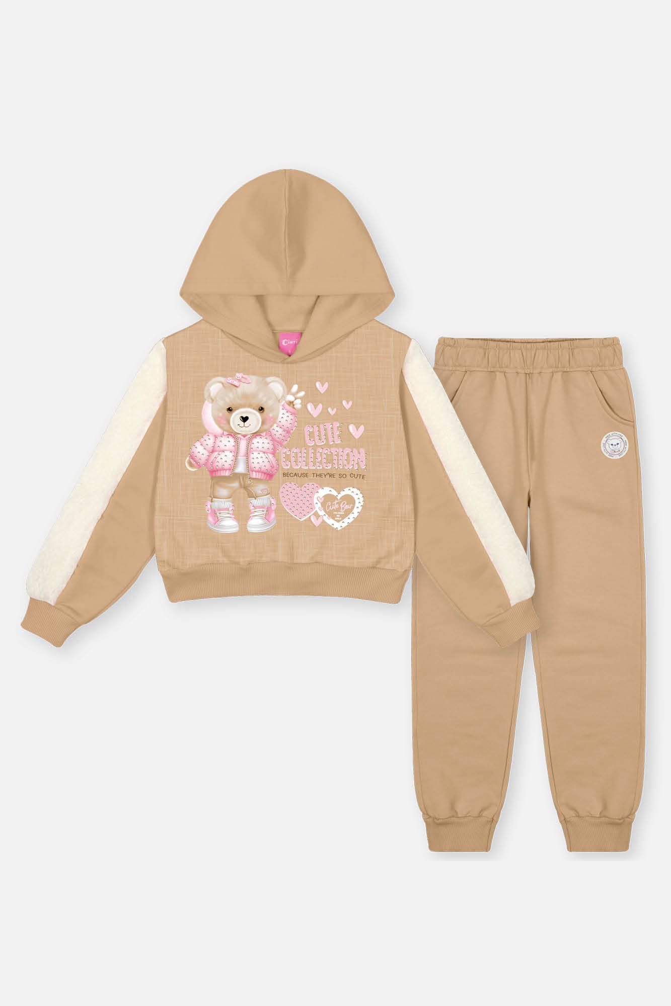 Conjunto Infantil Cinti Inverno Calça e Moletom Flanelado Bege Ursinha com Strass