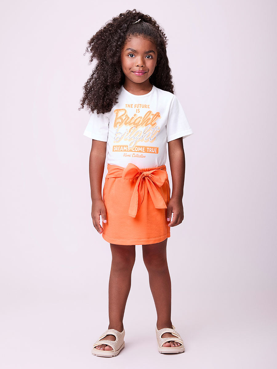 Conjunto Infantil Momi Verão Shorts Saia Laranja e Blusa com Strass