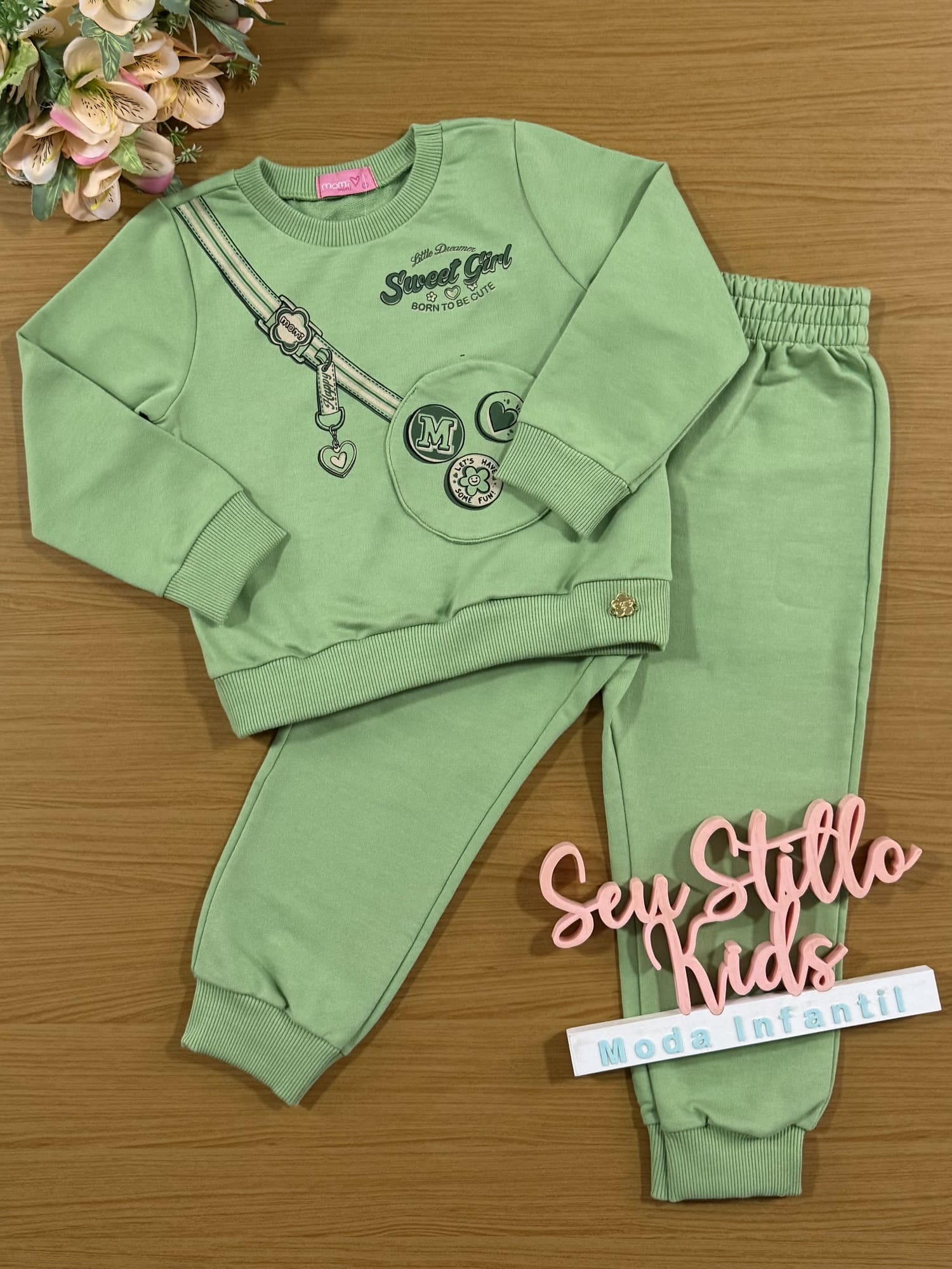Conjunto Infantil Momi Inverno com Calça e Casaco Verde Sweet Girl