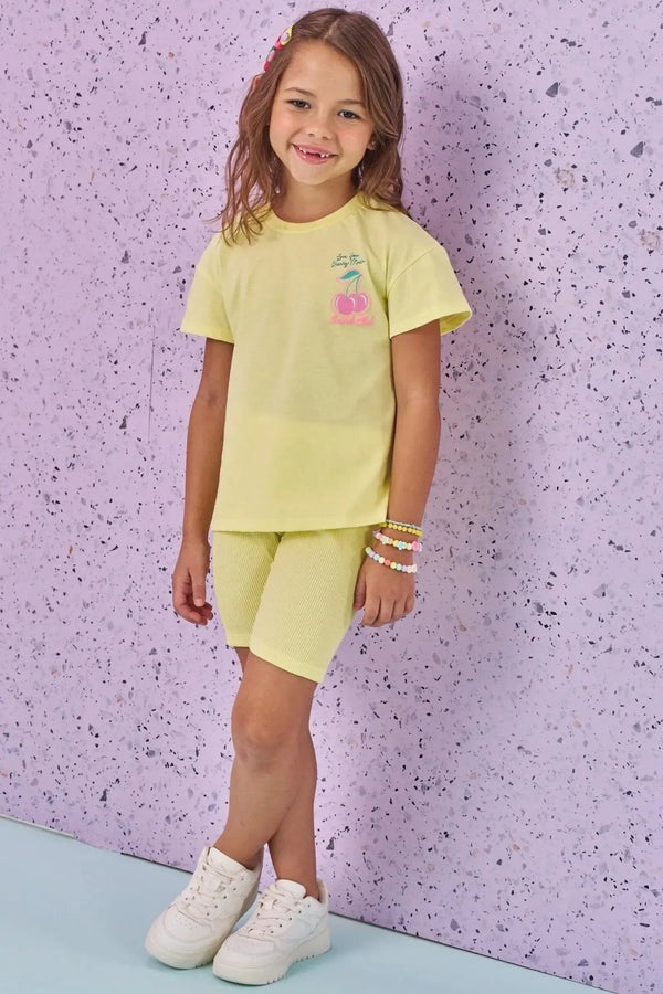 Conjunto Infantil Kukiê Verão com Shorts Ciclista e Blusa Amarela Cerejinha