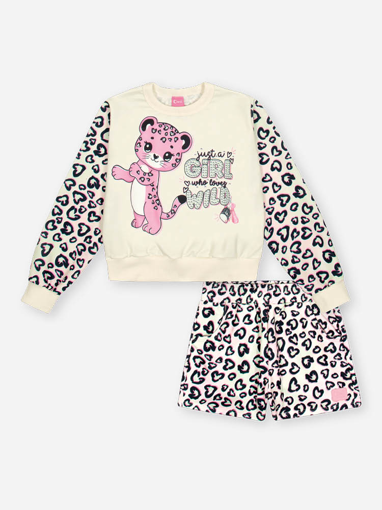 Conjunto Infantil Cinti Inverno com Shorts e Moletom sem Flanela Branco Oncinha