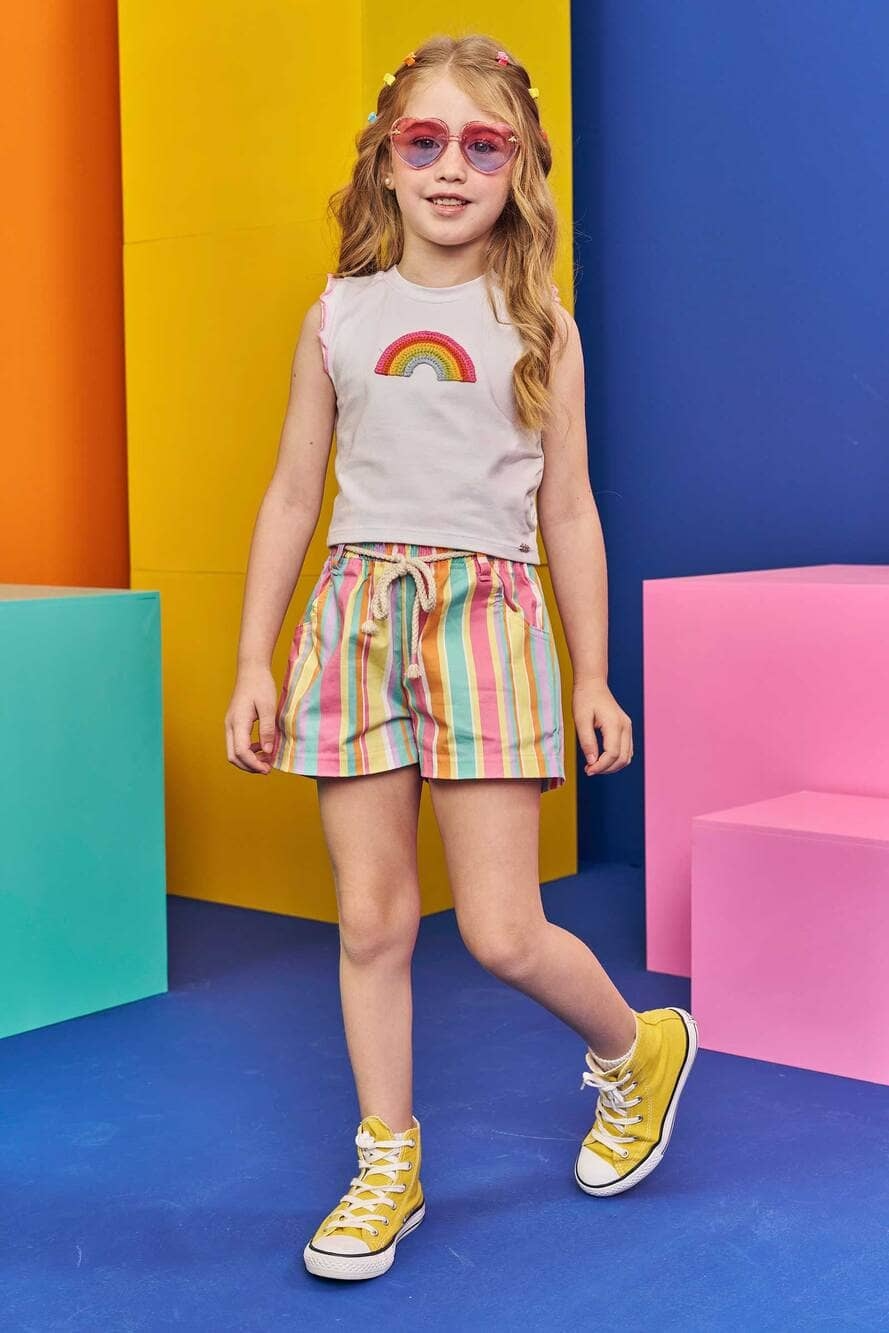 Conjunto Infantil Kukie Verão Shorts Listrado e Blusa Arco-íris