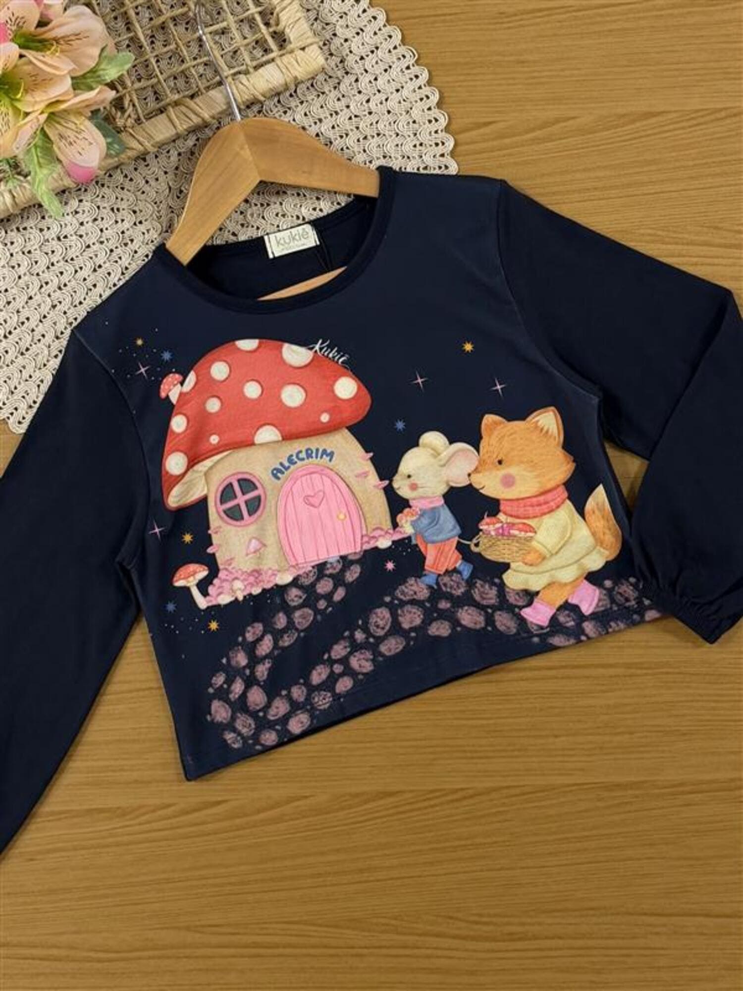 Conjunto Infantil Kukiê Inverno com Shorts e Blusa Manga Longa Azul Marinho Casinha Cogumelo