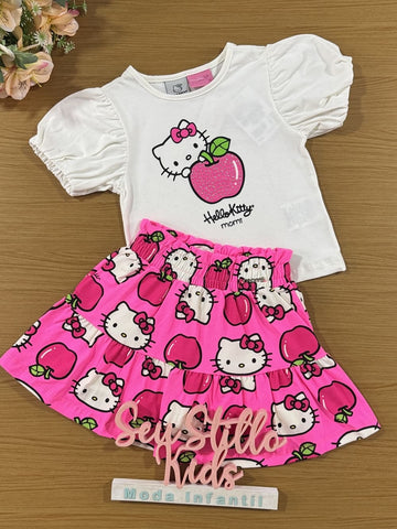 Conjunto Infantil Momi Verão Saia Rosa e Blusa Hello Kitty