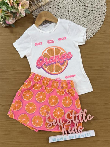 Conjunto Infantil Momi Verão com Shorts Saia Rosa e Blusa Branca Orange