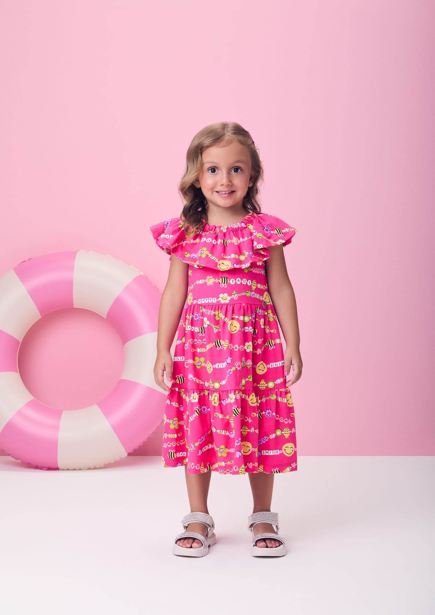 Vestido Infantil Momi Verão Rosa Pulseirinhas