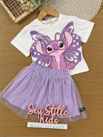 Conjunto Infantil Momi Verão com Saia em Tule Lilás e Blusa Branca Angel