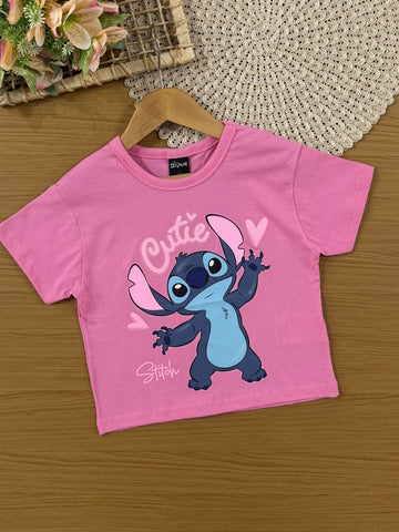 Blusa Infantil Menina Brandili Verão Rosa Stitch Cutie Disney