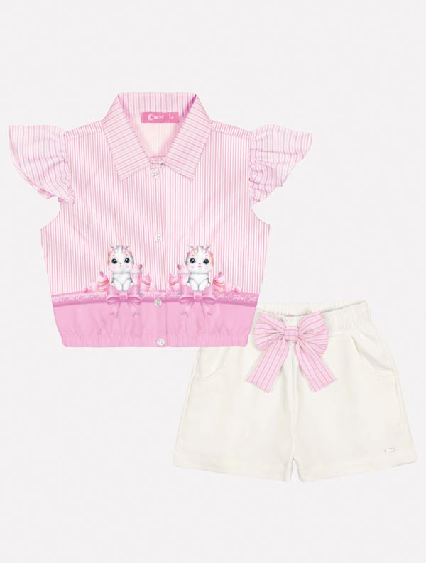Conjunto Infantil Cinti Verão Shorts e Camisete Gatinha Lilás