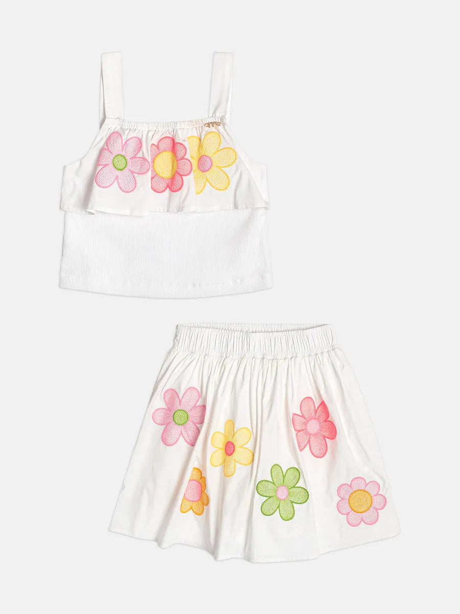Conjunto Infantil Menina Momi com Saia e Blusa Branca Flores Bordadas