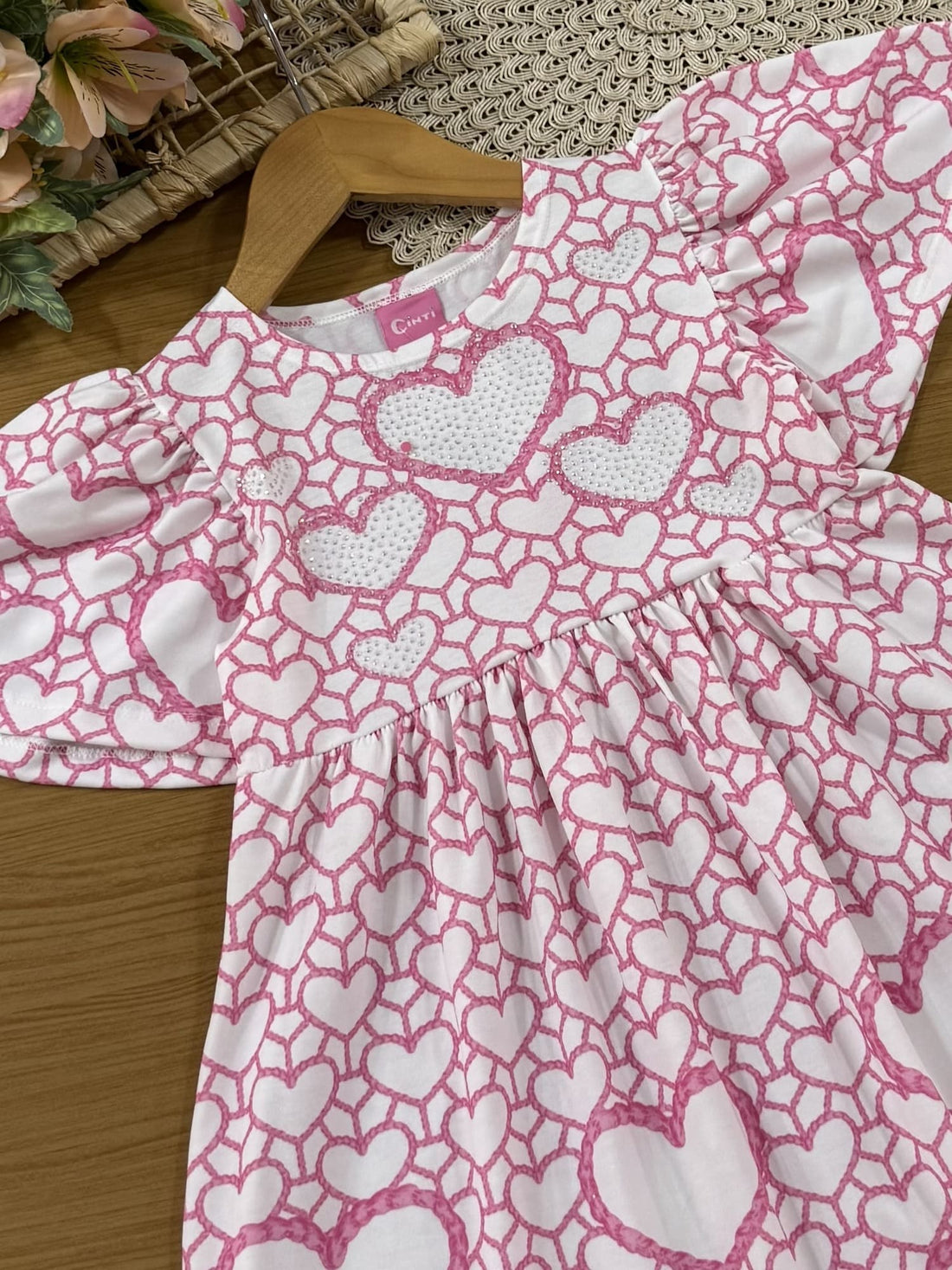 Vestido Infantill Cinti Verão Branco Corações com Strass