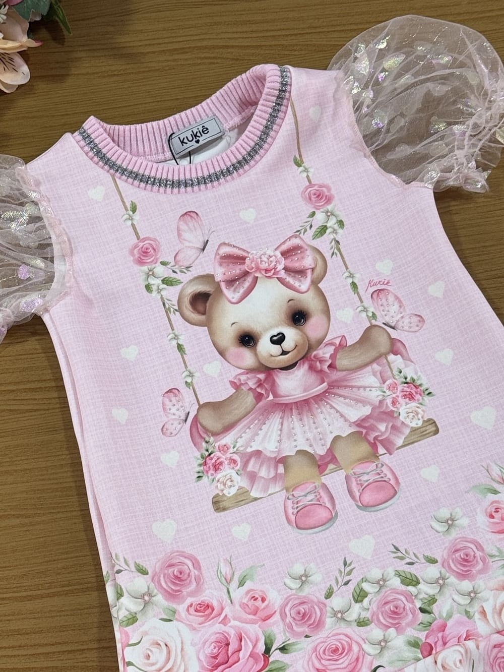 Vestido Infantil Kukie Verão Rosa Ursinha Fofa