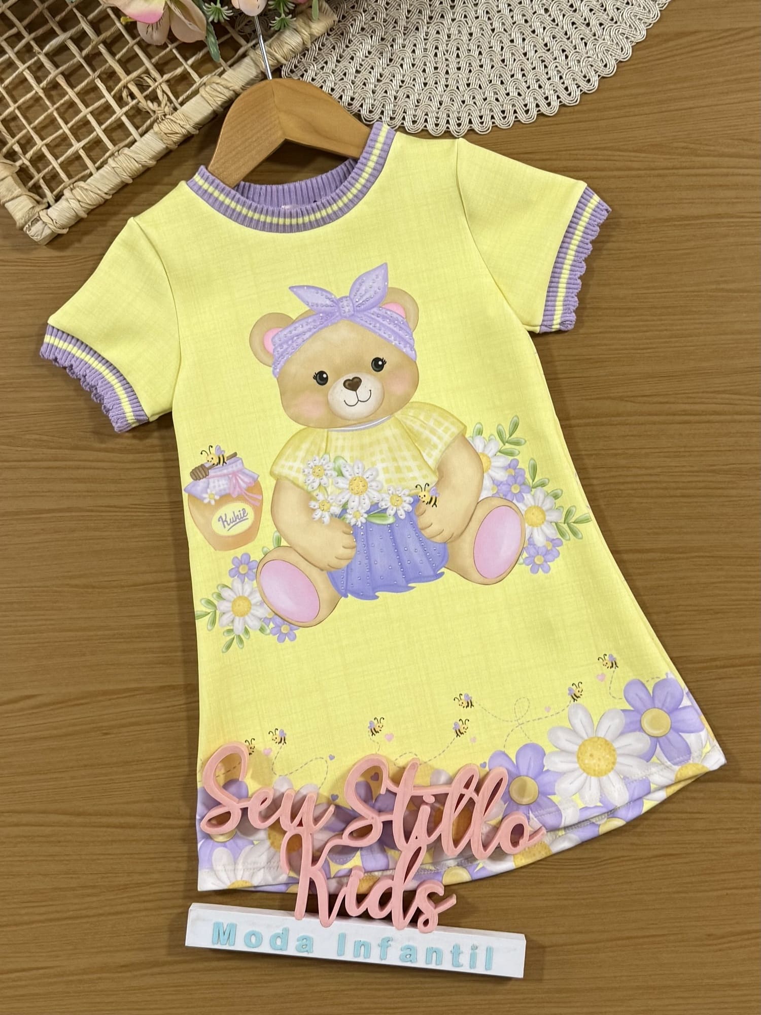 Vestido Infantil Kukiê Manga Curta Amarelo Ursinha Floral