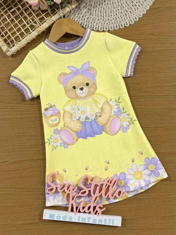 Vestido Infantil Kukiê Manga Curta Amarelo Ursinha Floral