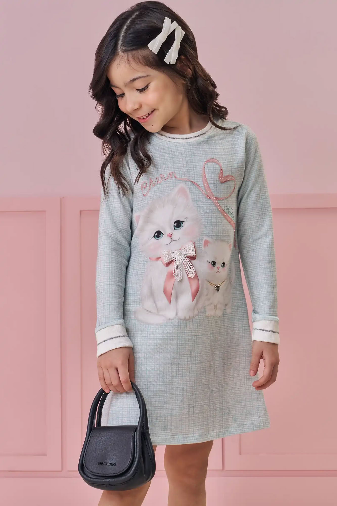 Vestido Infantil Kukiê Inverno Azul Gatinhas Lacinho