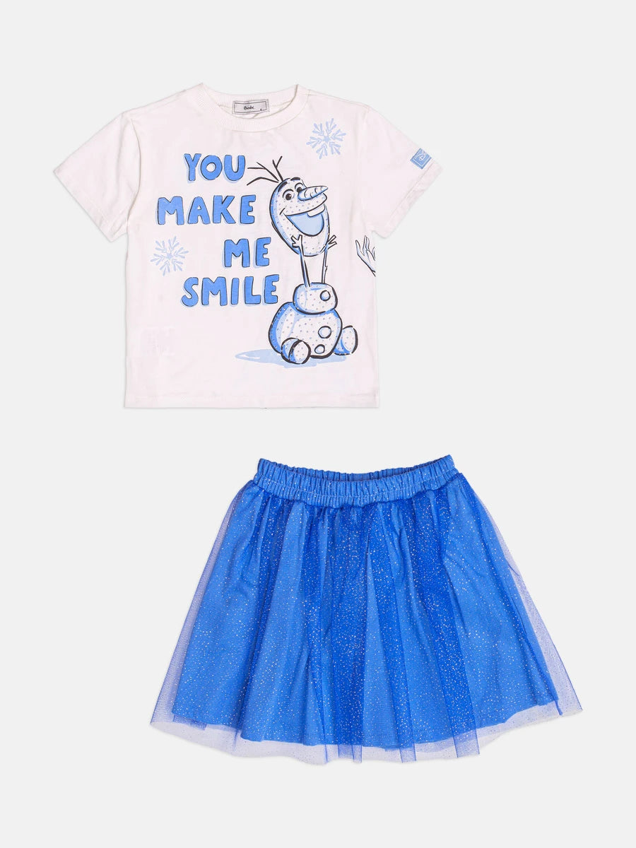 Conjunto Infantil Bimbi Inverno com Saia em Tule Azul e Blusa Manga Curta Olaf Disney
